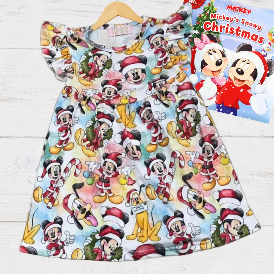 $15.00 EA - 2-3 X 1, 3-4 X 1, 4-5 X 2, 5-6 X 2, 7-8 X 1 -Girls Fun Holiday Character Dresses - WaterColor Mickey Mouse & Friends Christmas