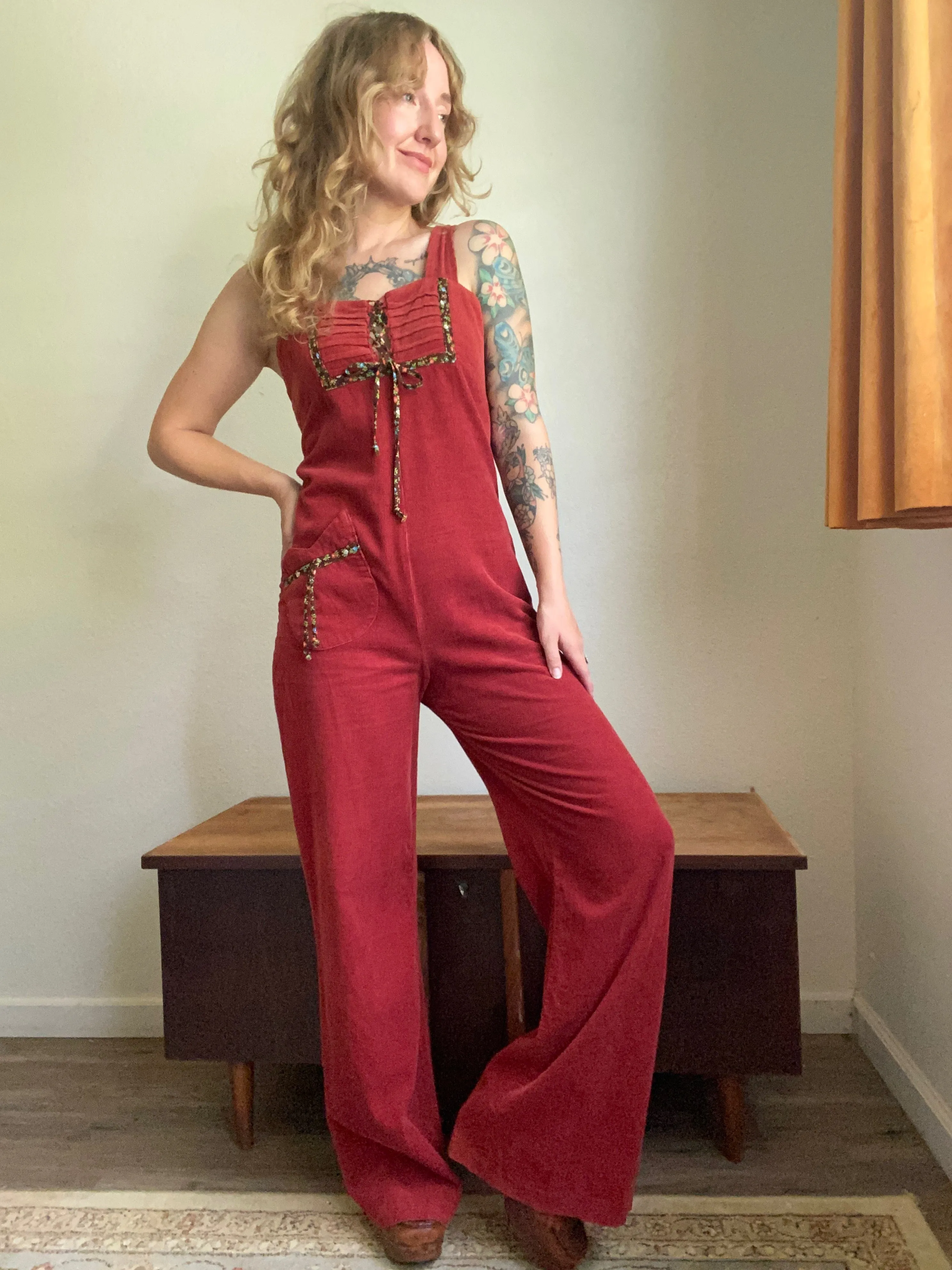 1970s Burgundy Corduroy Jumpsuit