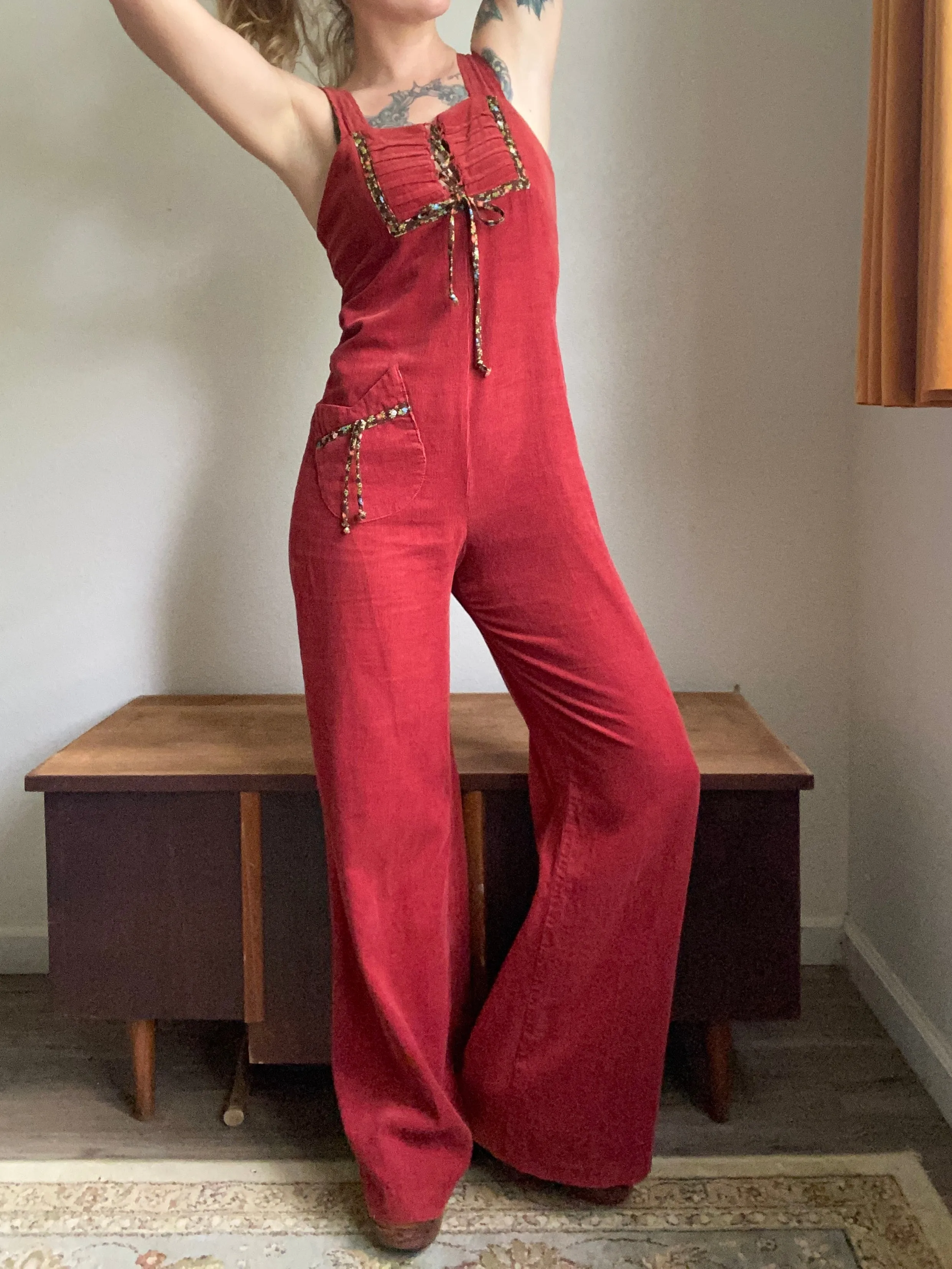 1970s Burgundy Corduroy Jumpsuit