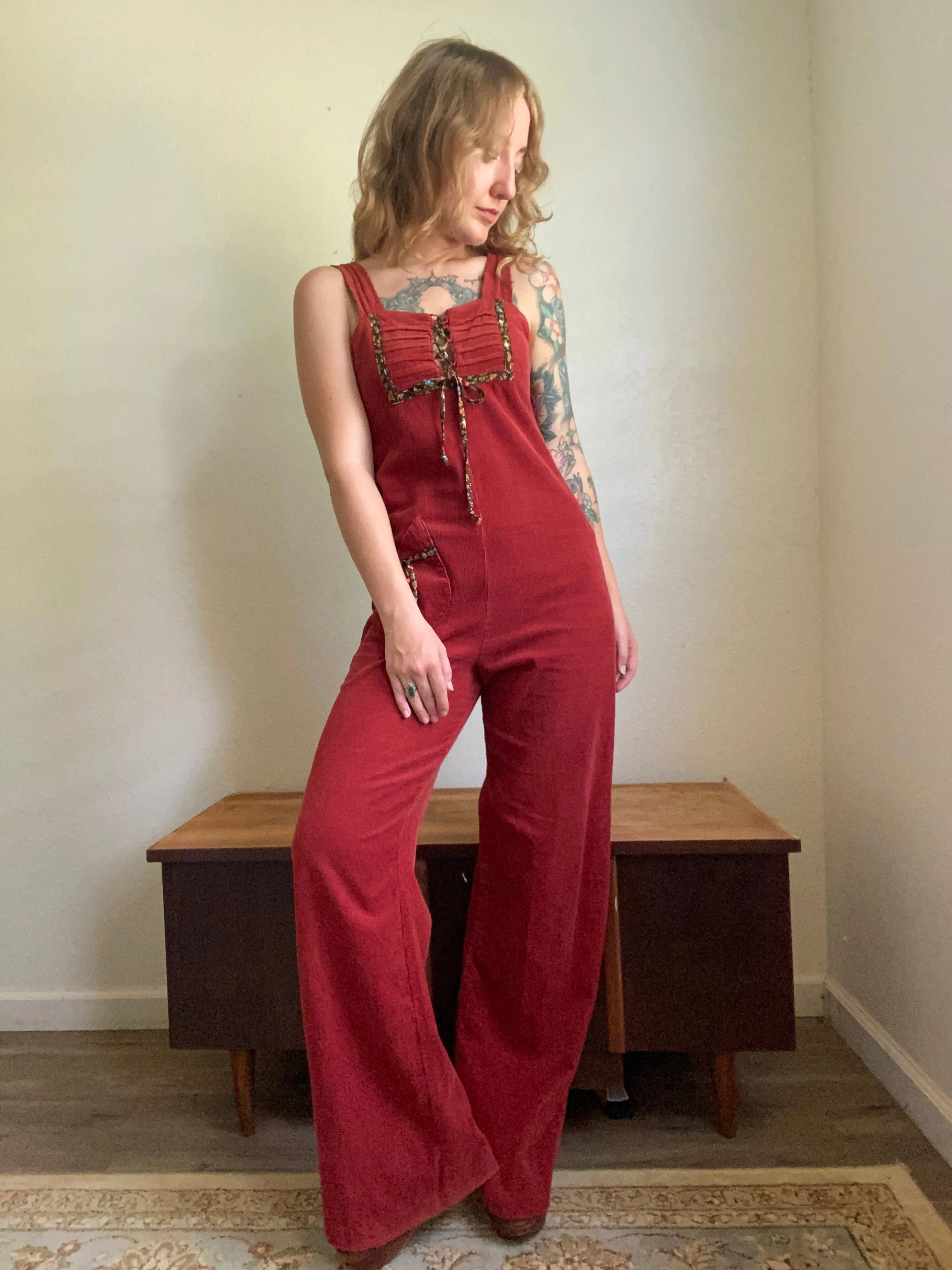 1970s Burgundy Corduroy Jumpsuit