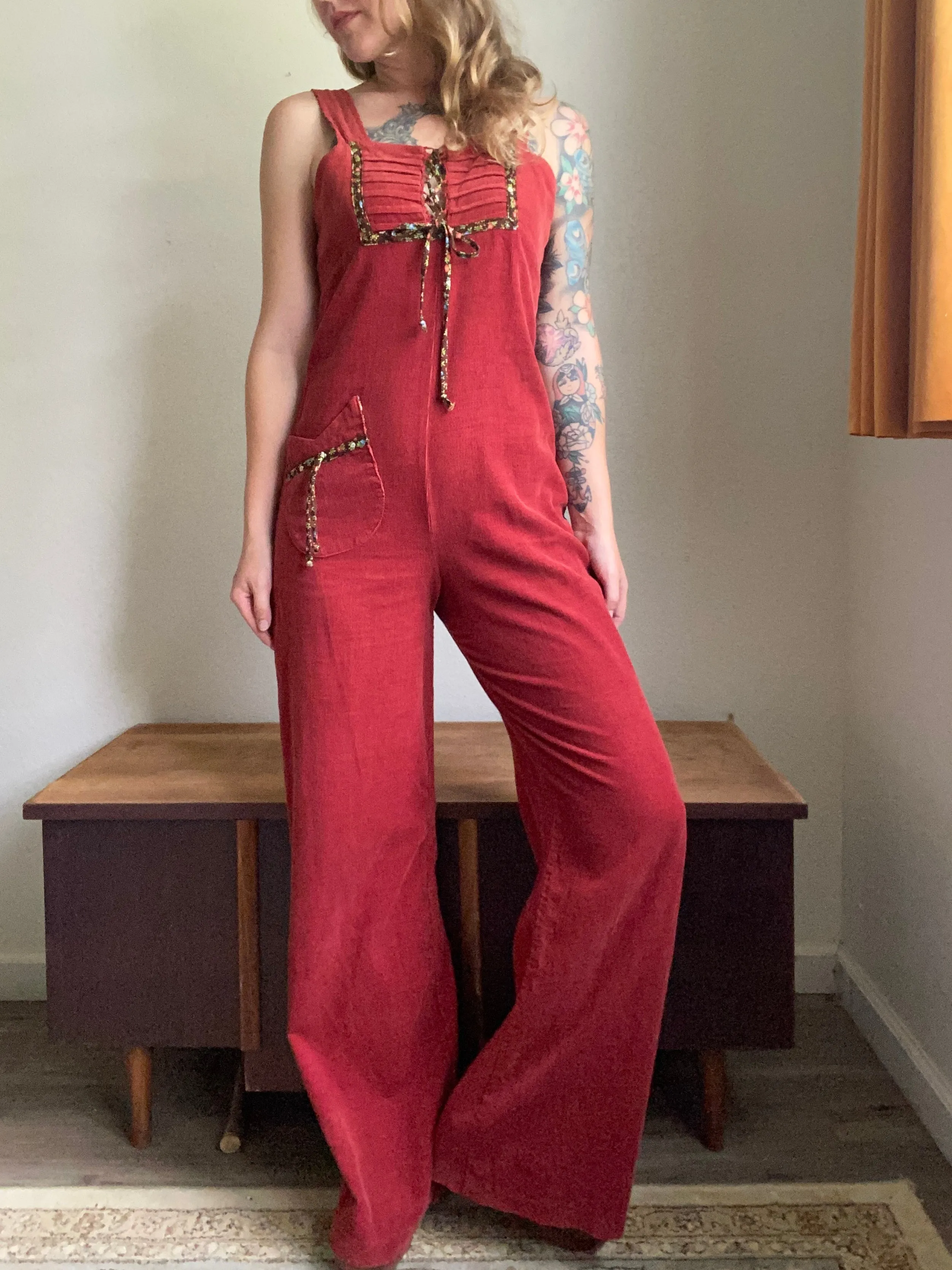 1970s Burgundy Corduroy Jumpsuit