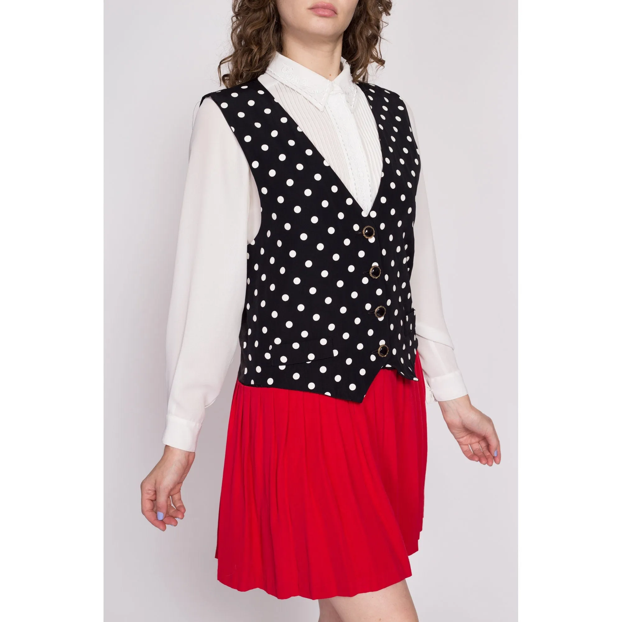 80s Polka Dot Mock Vest & Pleated Skirt Set Dress - Large