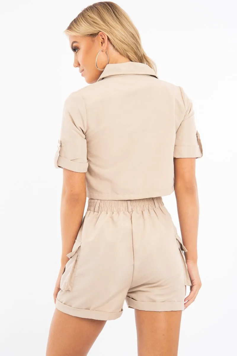 Beige Button Front Utility Shirt Shorts Co-ord - Galia