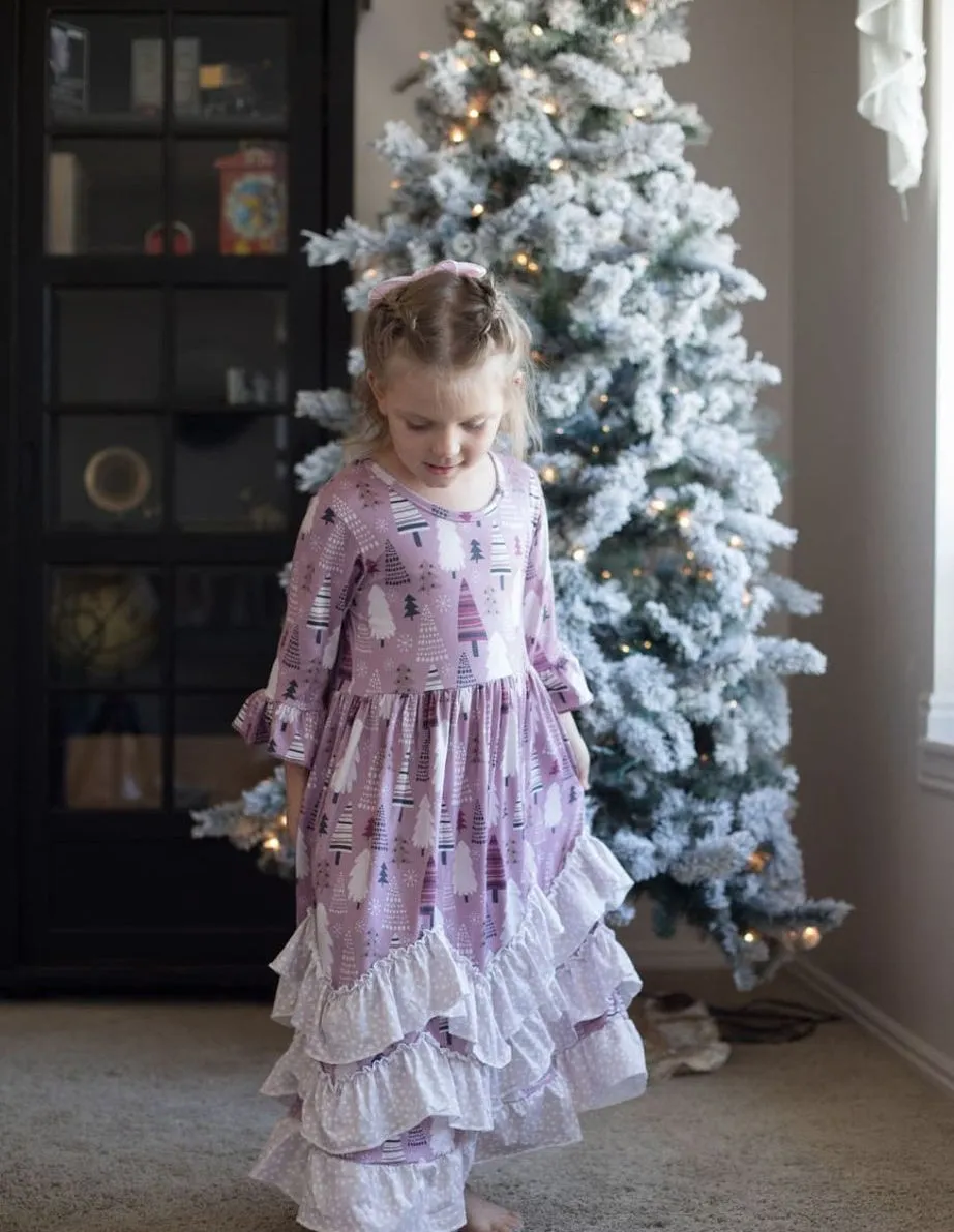 BEST SELLER - Girls Long Ruffle Holiday/Christmas  Dresses - Pink Tree