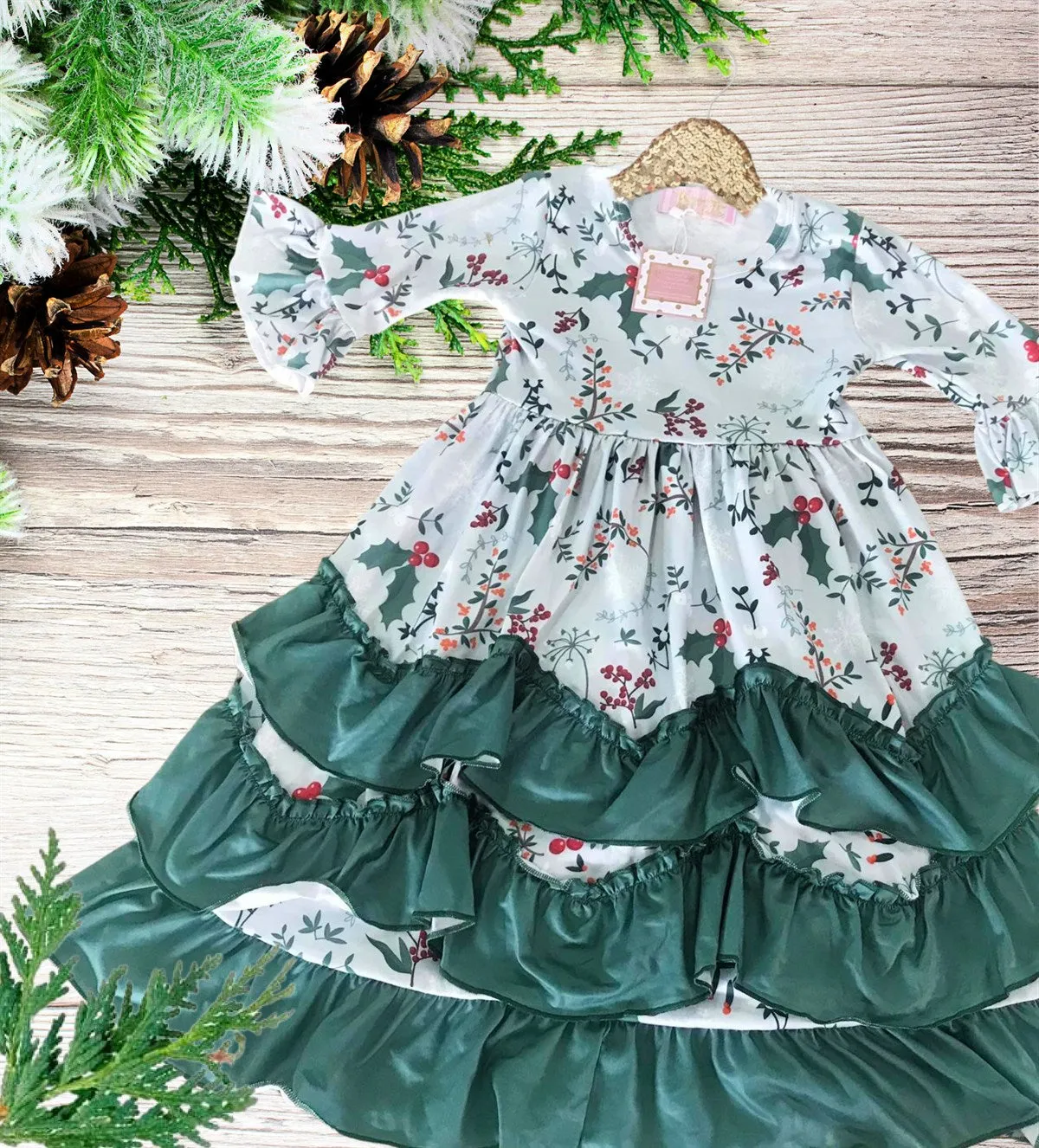 BEST SELLER - Girls Long Ruffle Holiday/Christmas Dresses - Winter Blue with Plants & Holly