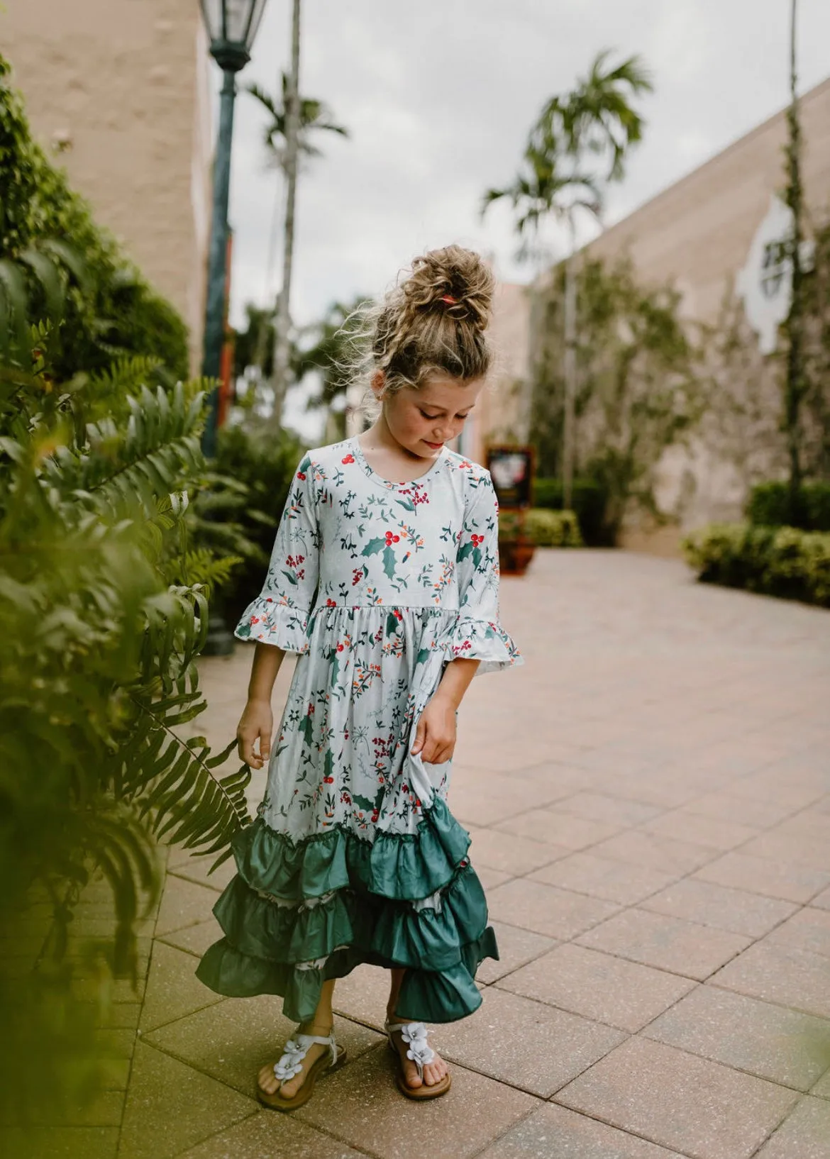 BEST SELLER - Girls Long Ruffle Holiday/Christmas Dresses - Winter Blue with Plants & Holly