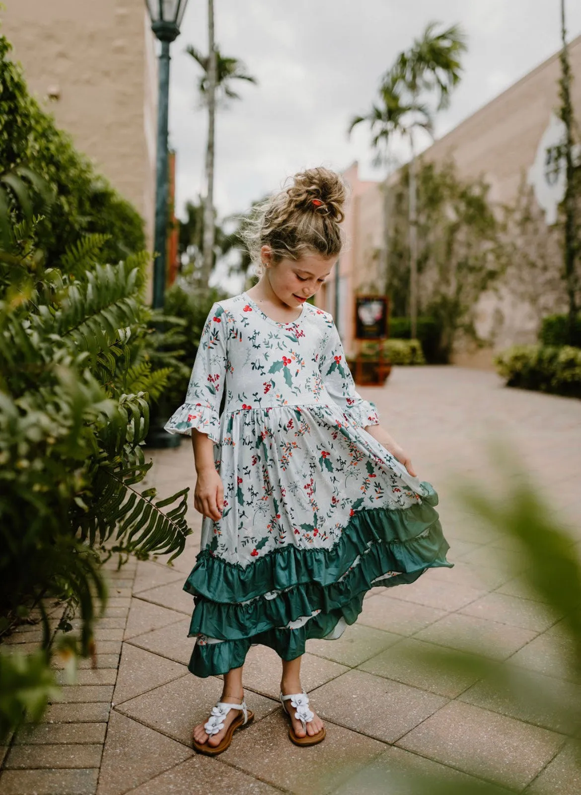 BEST SELLER - Girls Long Ruffle Holiday/Christmas Dresses - Winter Blue with Plants & Holly