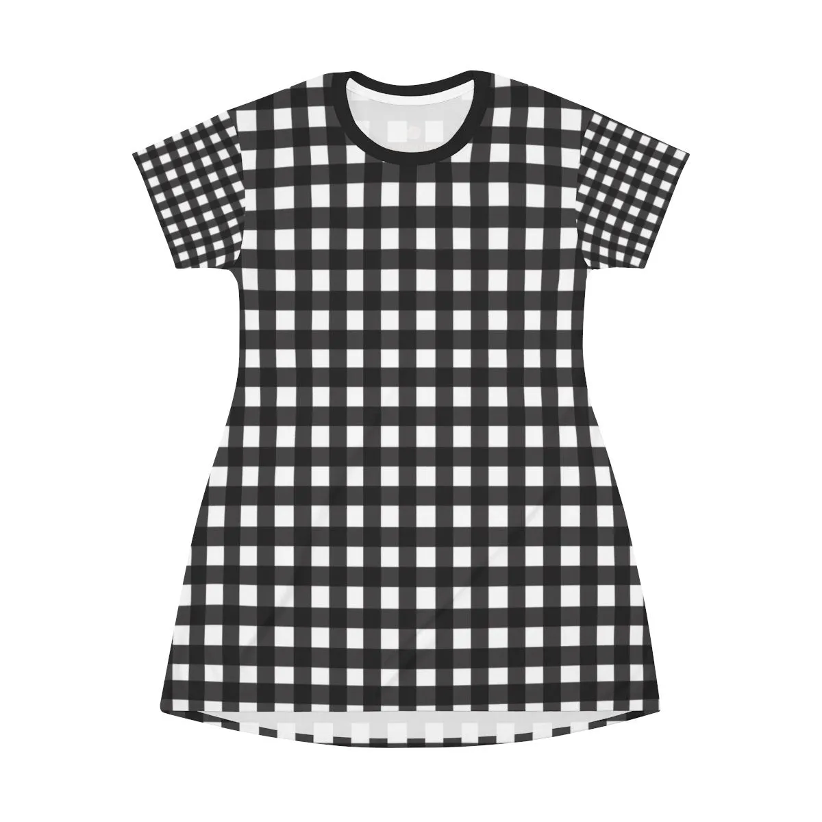 Black Buffalo T-Shirt Dress, White Buffalo Plaid Print Crew Neck T-shirt Dress-Made in USA (US Size: XS-2XL)