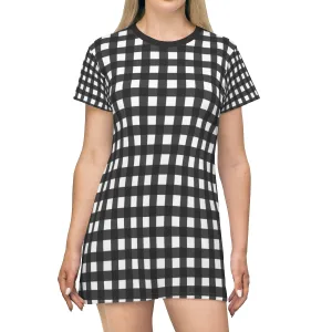 Black Buffalo T-Shirt Dress, White Buffalo Plaid Print Crew Neck T-shirt Dress-Made in USA (US Size: XS-2XL)