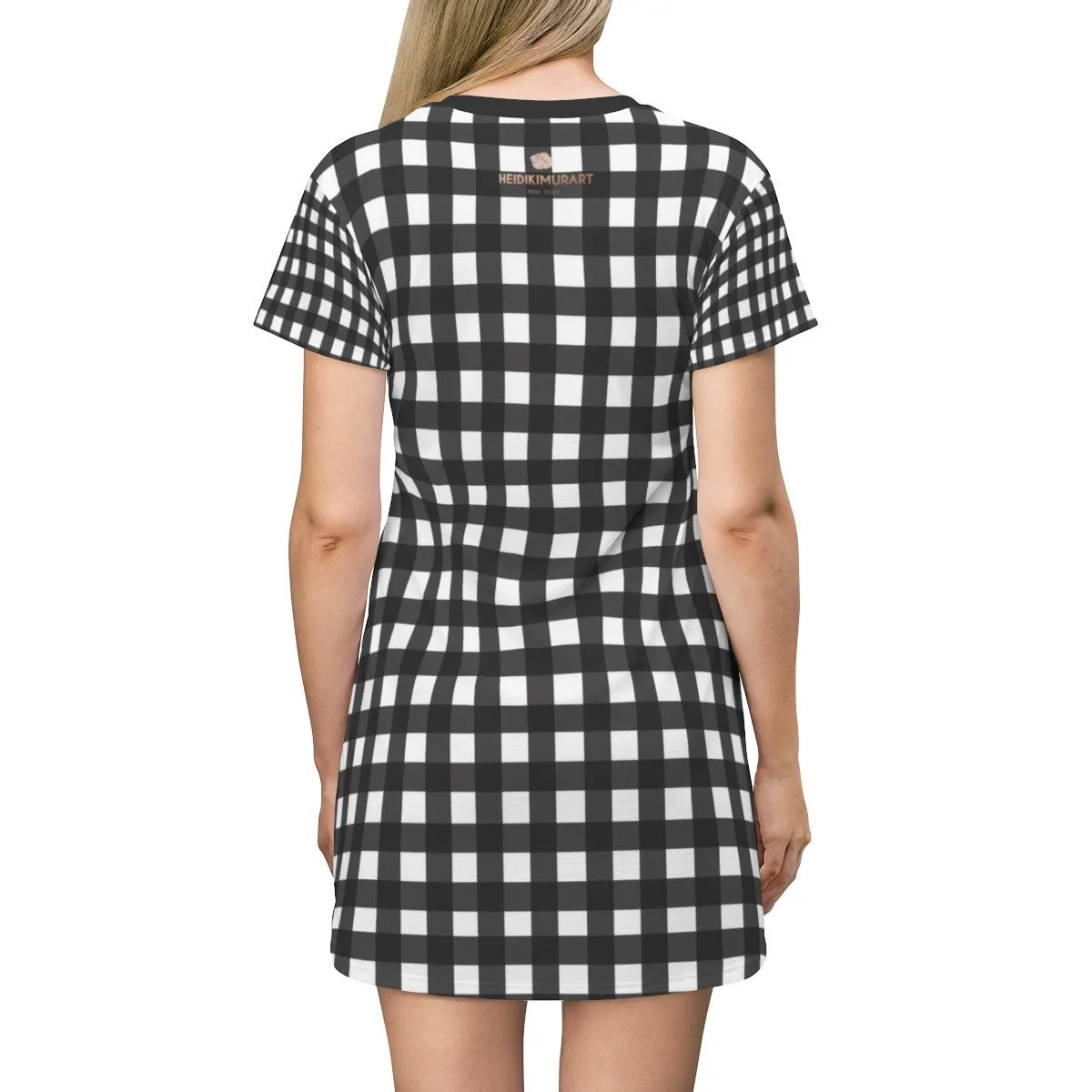 Black Buffalo T-Shirt Dress, White Buffalo Plaid Print Crew Neck T-shirt Dress-Made in USA (US Size: XS-2XL)