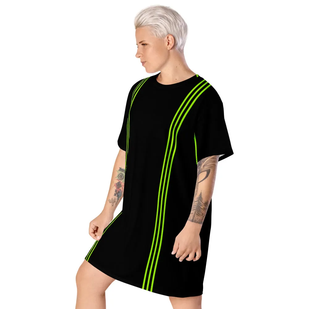 Black Green Striped T-Shirt Dress, Neon Green Stripes Women's Oversized Dress-Made in USA/EU