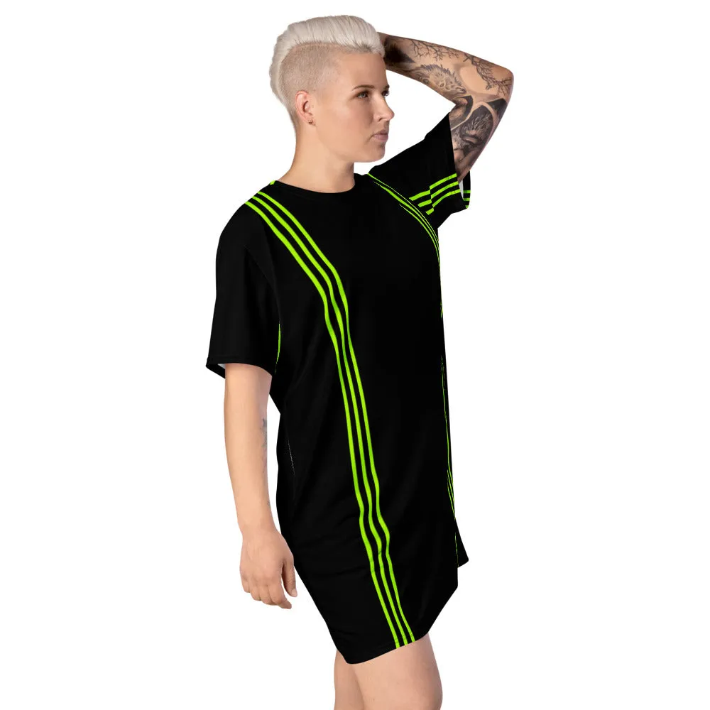 Black Green Striped T-Shirt Dress, Neon Green Stripes Women's Oversized Dress-Made in USA/EU