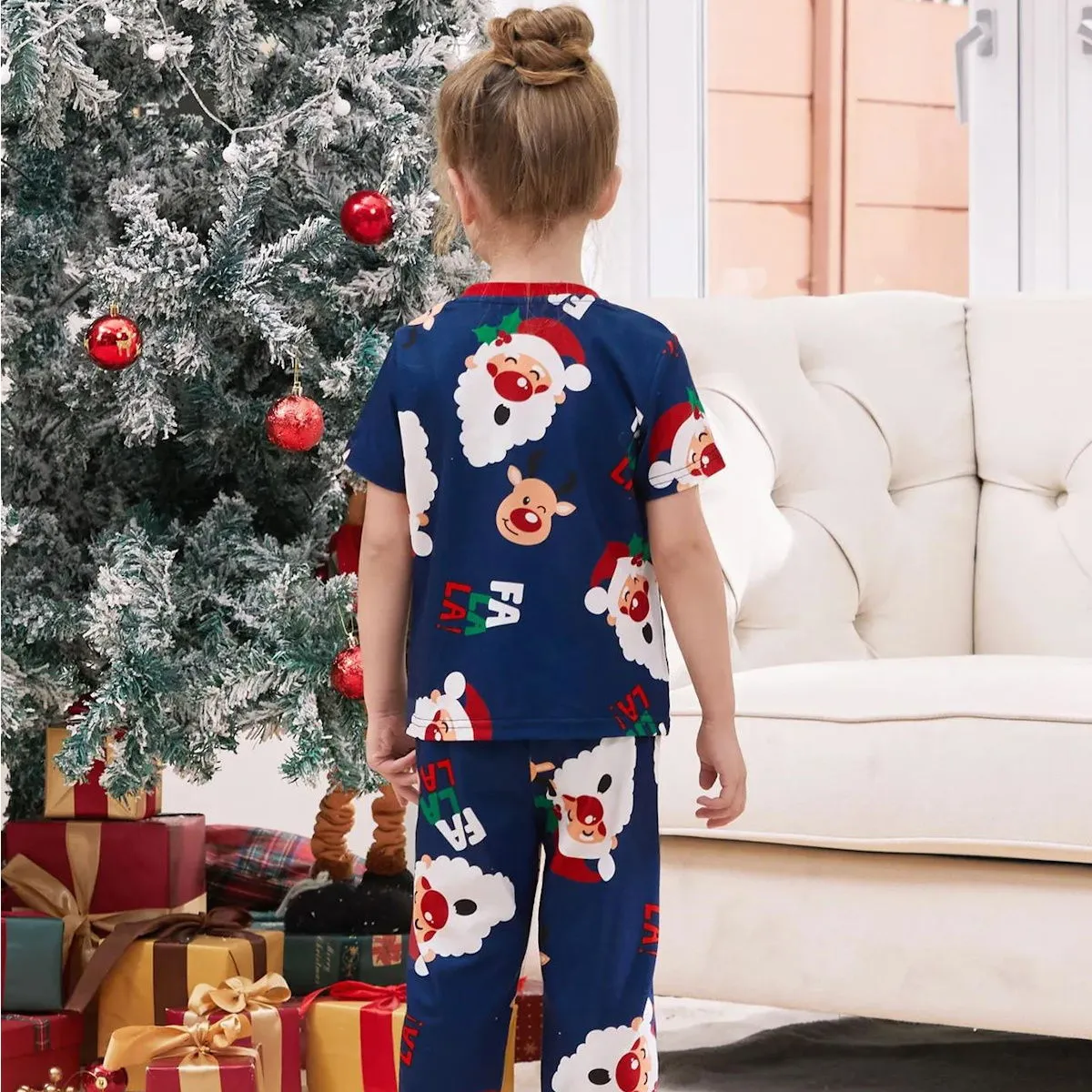 Bluey Santa Claus Pajamas for Family Short Sleeve Christmas Father Santa Rudolph FA LA LA Print