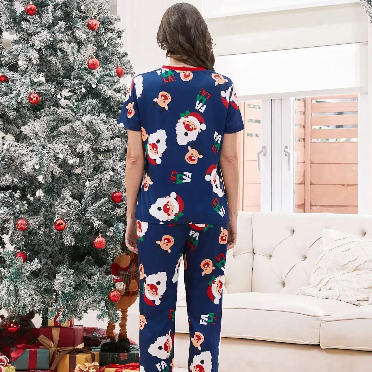 Bluey Santa Claus Pajamas for Family Short Sleeve Christmas Father Santa Rudolph FA LA LA Print