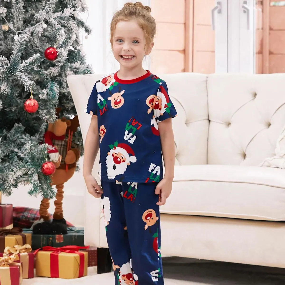 Bluey Santa Claus Pajamas for Family Short Sleeve Christmas Father Santa Rudolph FA LA LA Print