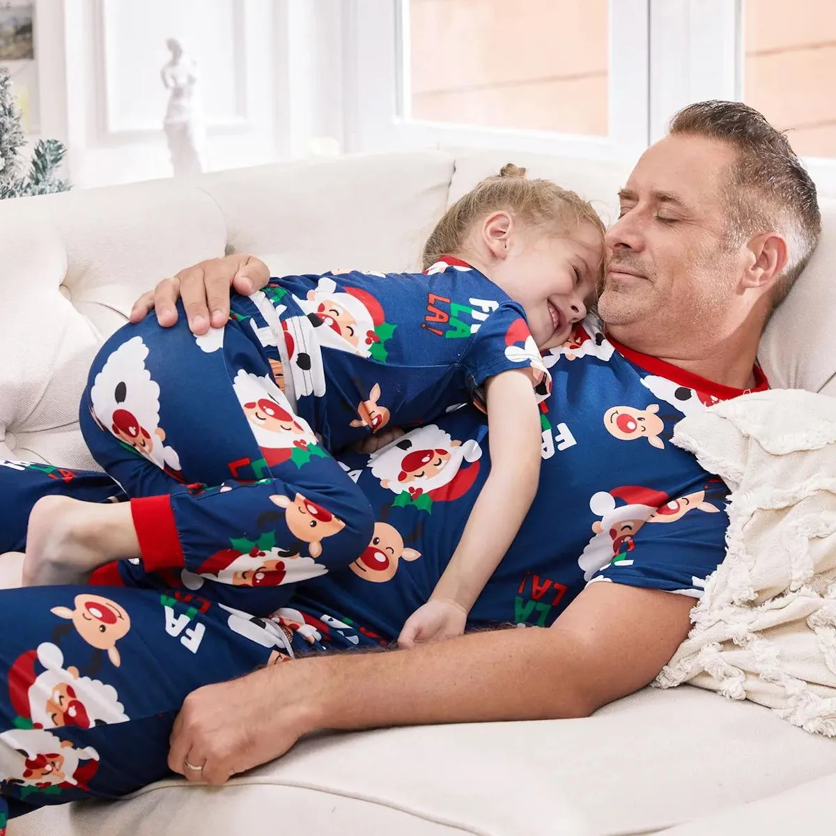 Bluey Santa Claus Pajamas for Family Short Sleeve Christmas Father Santa Rudolph FA LA LA Print