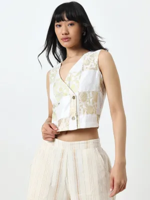 Bombay Paisley Off-White Floral Printed Waistcoat-Style Top