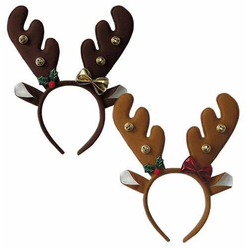 Brown Antlers with Bells - Assorted Festive Holiday Accessory Fun Party Wear Christmas Decor