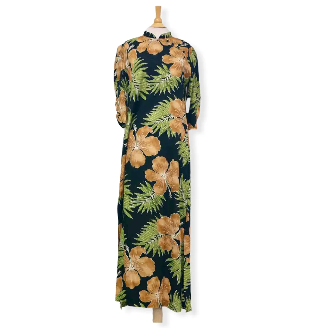 Brown Oriental Hawaiian Dress with Hibiscus Print 2004