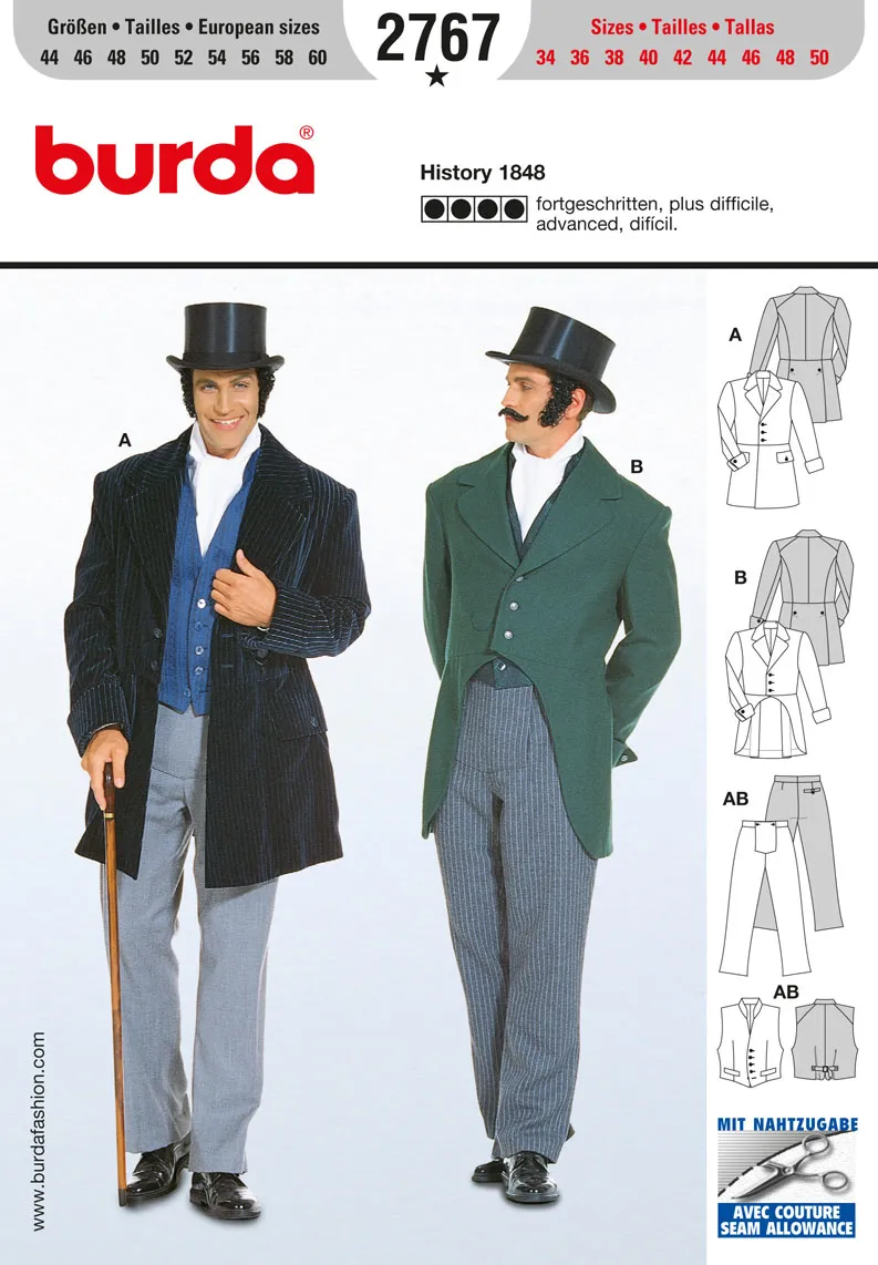 Burda 2767 Mens' Victorian Trousers, Waistcoat and Jacket Pattern