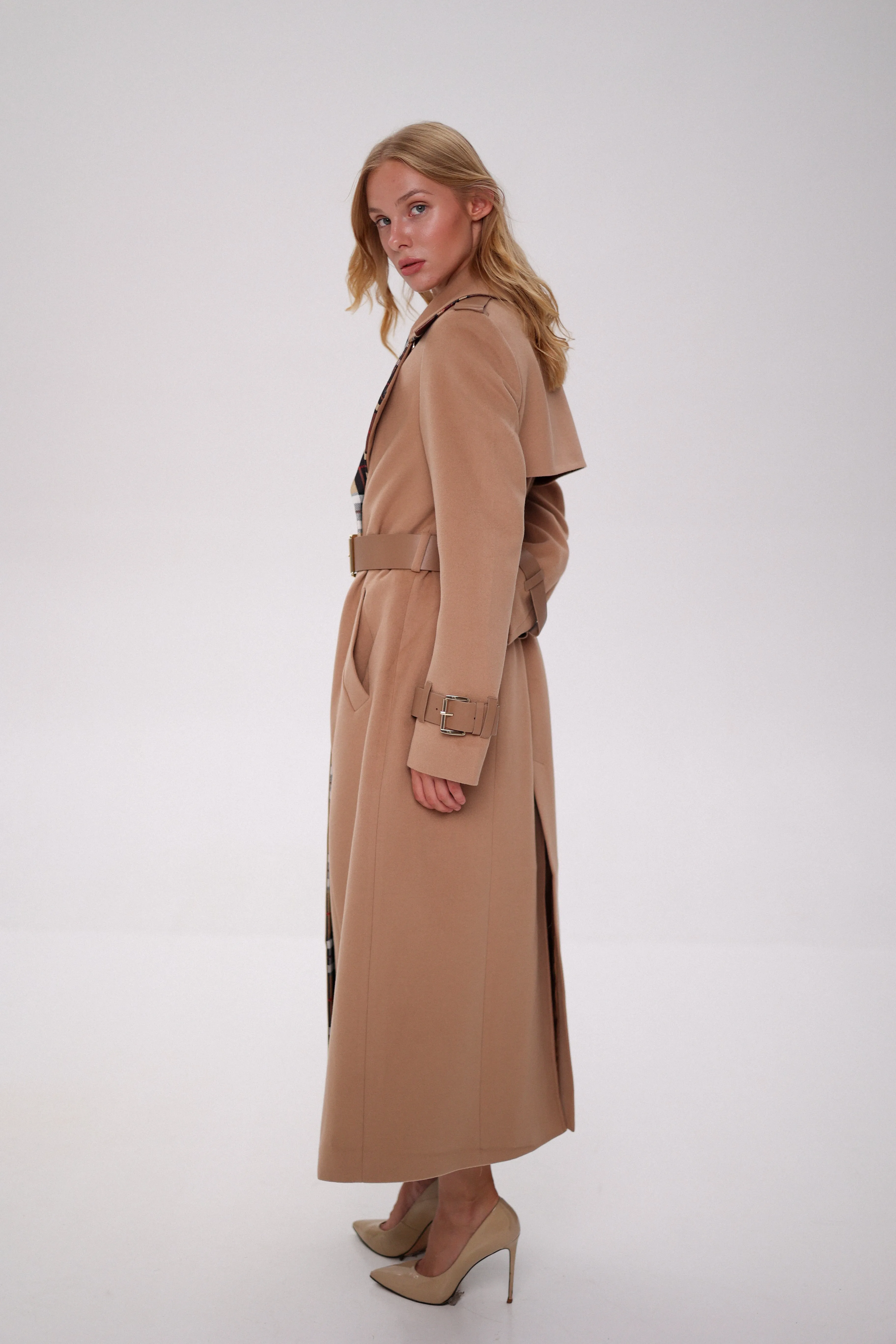 Cashmere Wool Blend Trench Coat in Camel