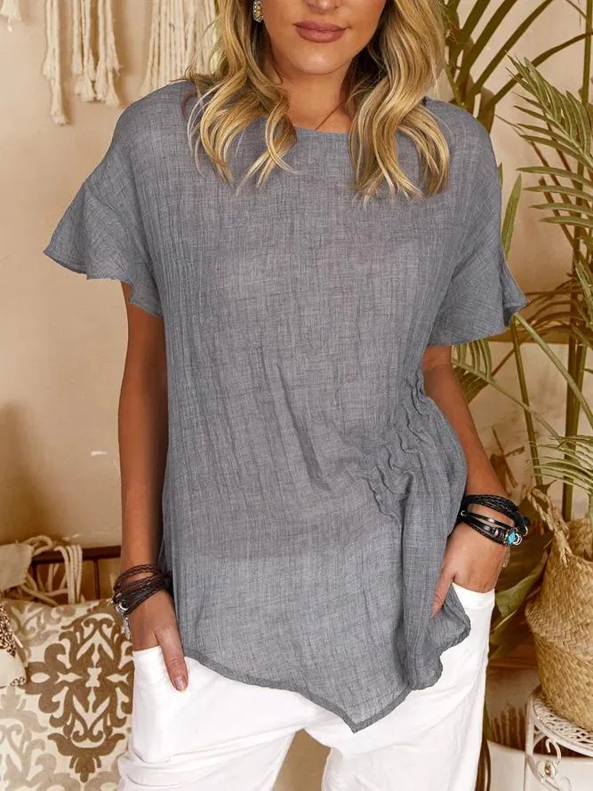 Casual round neck solid color gray pullover cotton and linen mid-length short-sleeved slim-fit shirt