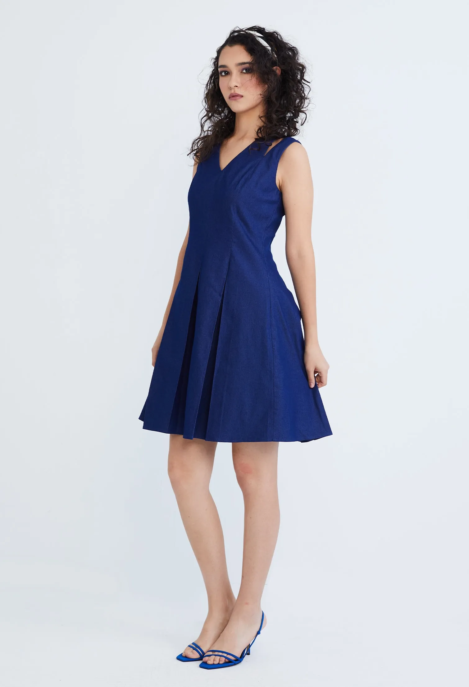 Cold Shoulder Pleated Denim Dress