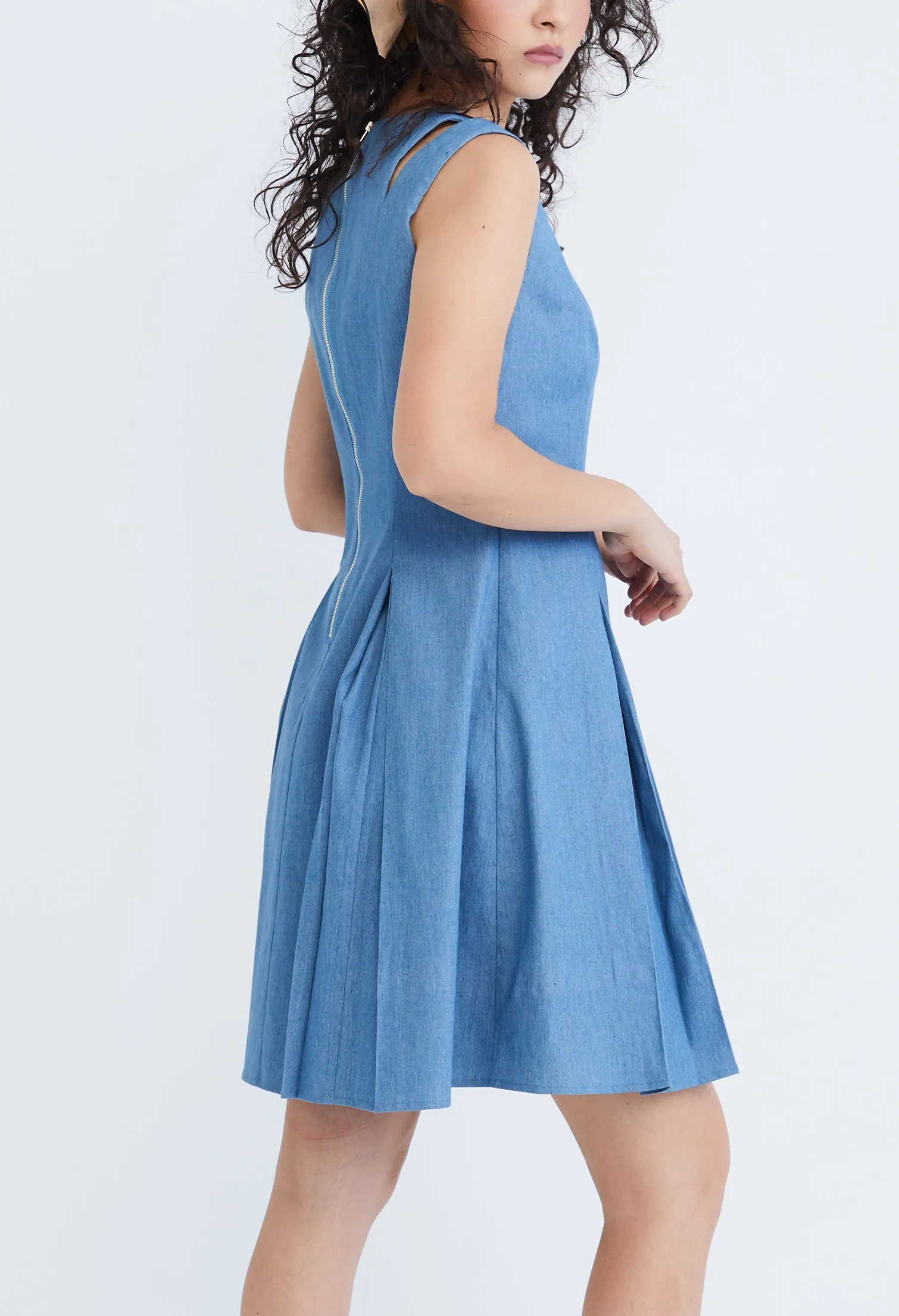 Cold Shoulder Pleated Denim Dress