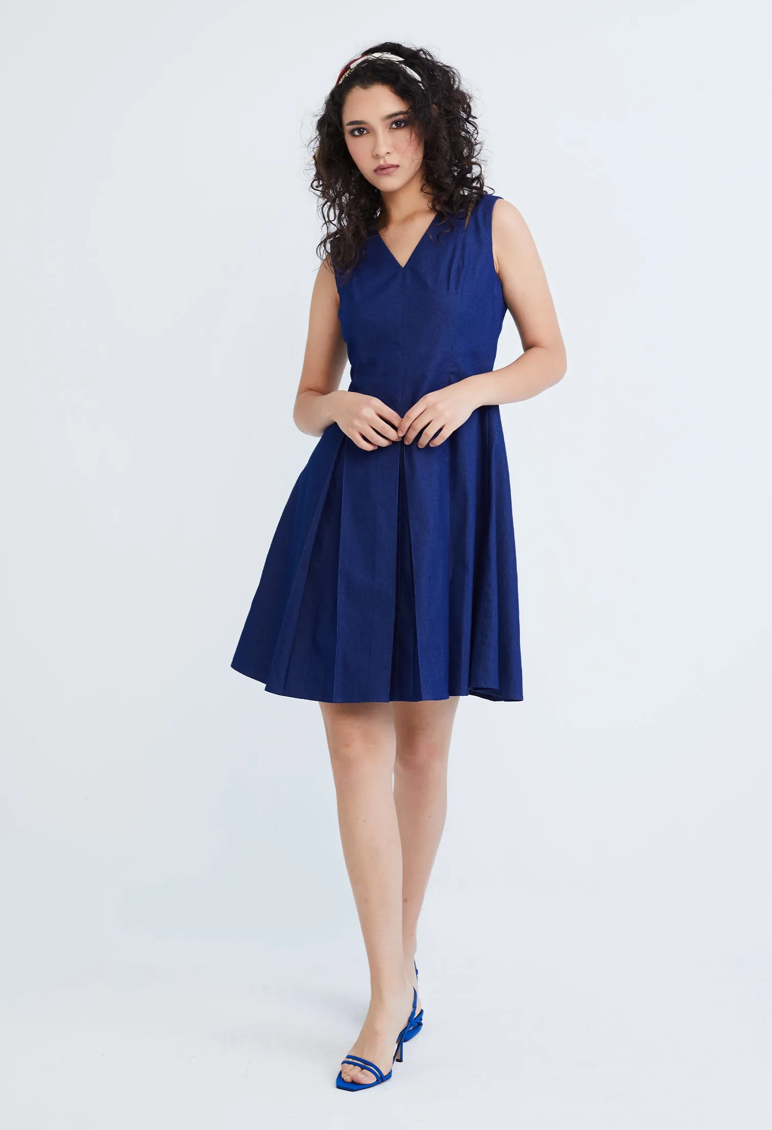 Cold Shoulder Pleated Denim Dress