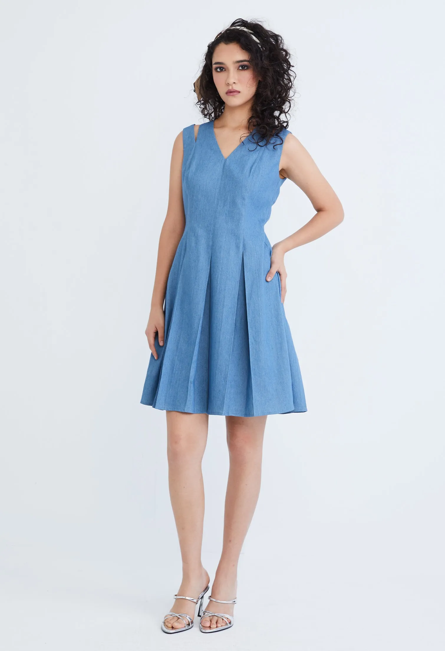 Cold Shoulder Pleated Denim Dress