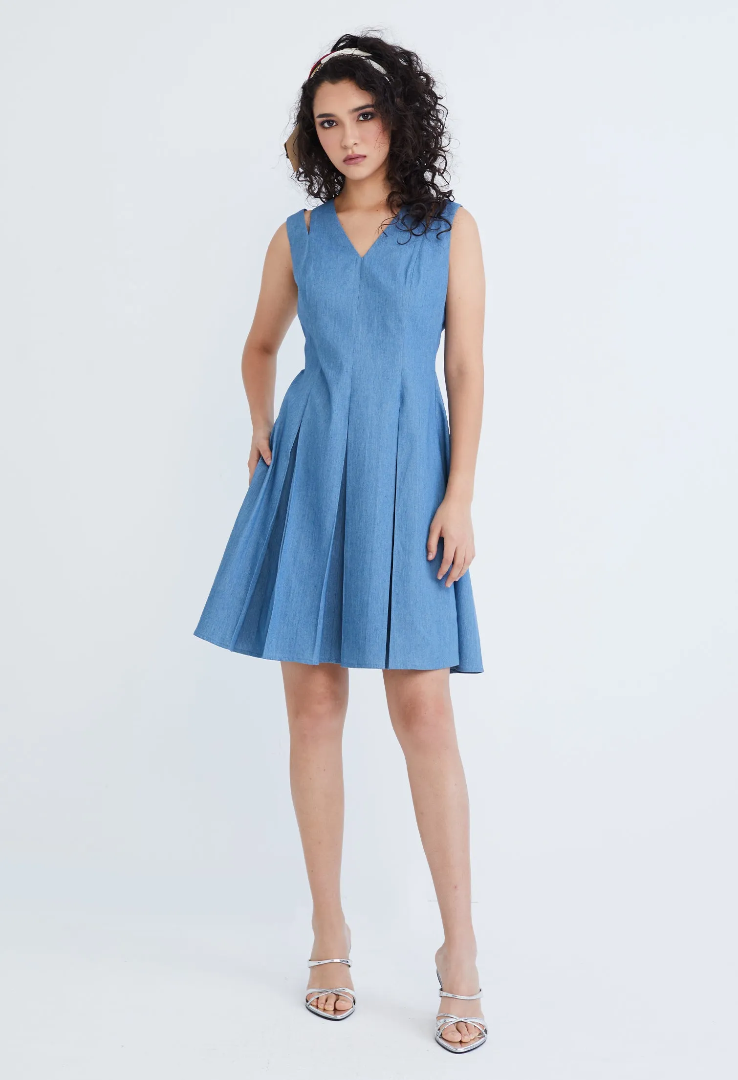 Cold Shoulder Pleated Denim Dress