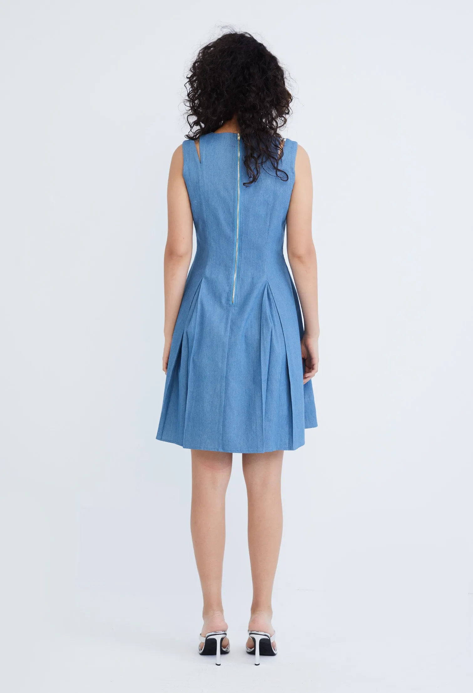 Cold Shoulder Pleated Denim Dress