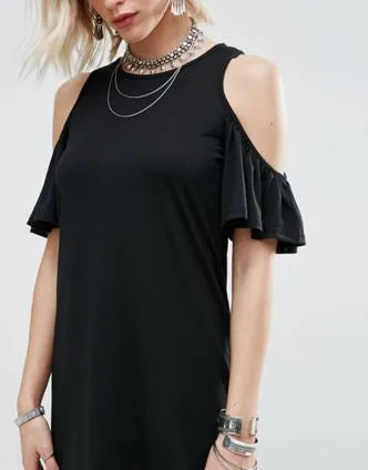 COLD SHOULDER RUFFLE DRESS