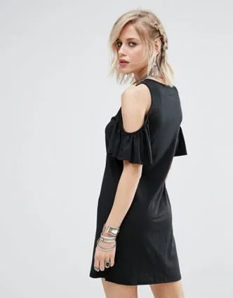 COLD SHOULDER RUFFLE DRESS