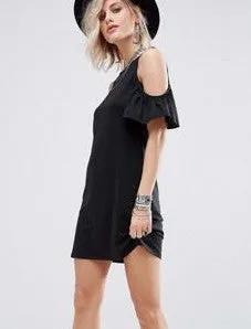 COLD SHOULDER RUFFLE DRESS