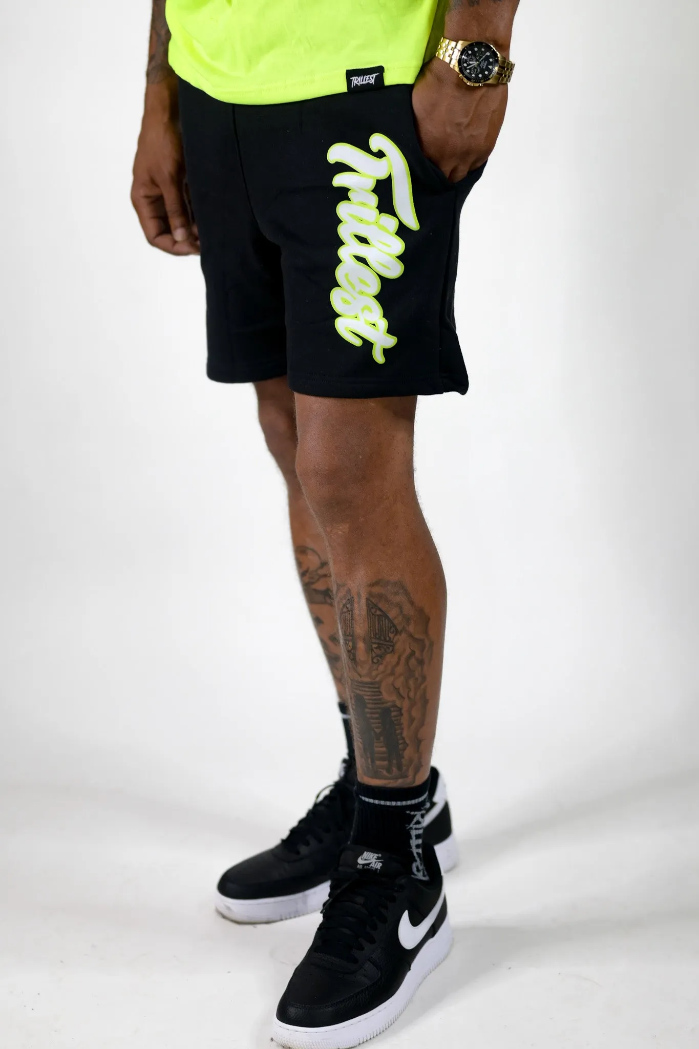 Cursive Trillest Shorts - Black/White/Volt Green