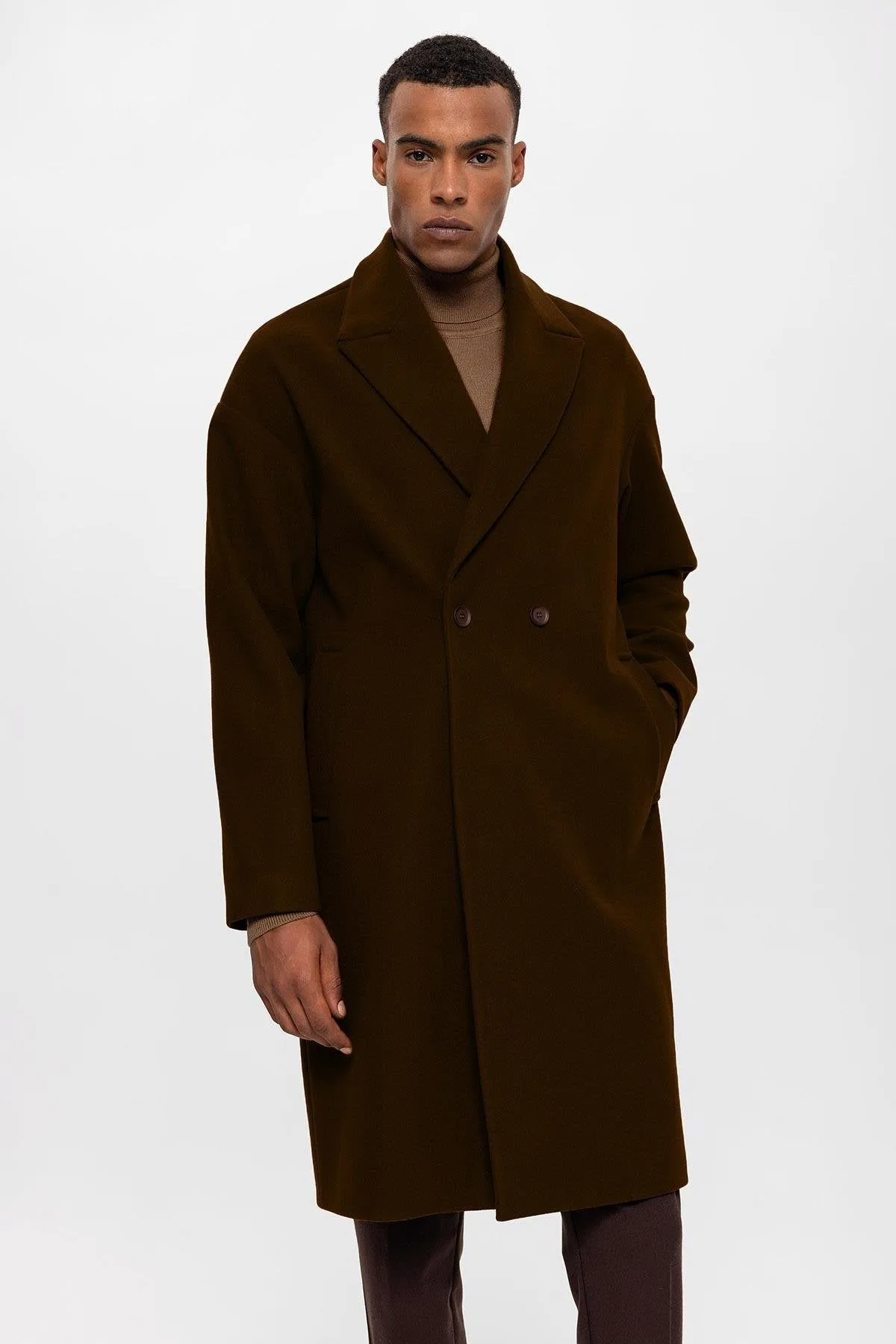 Dark Brown Oversized Double-Breasted Men's Coat  - Wessi