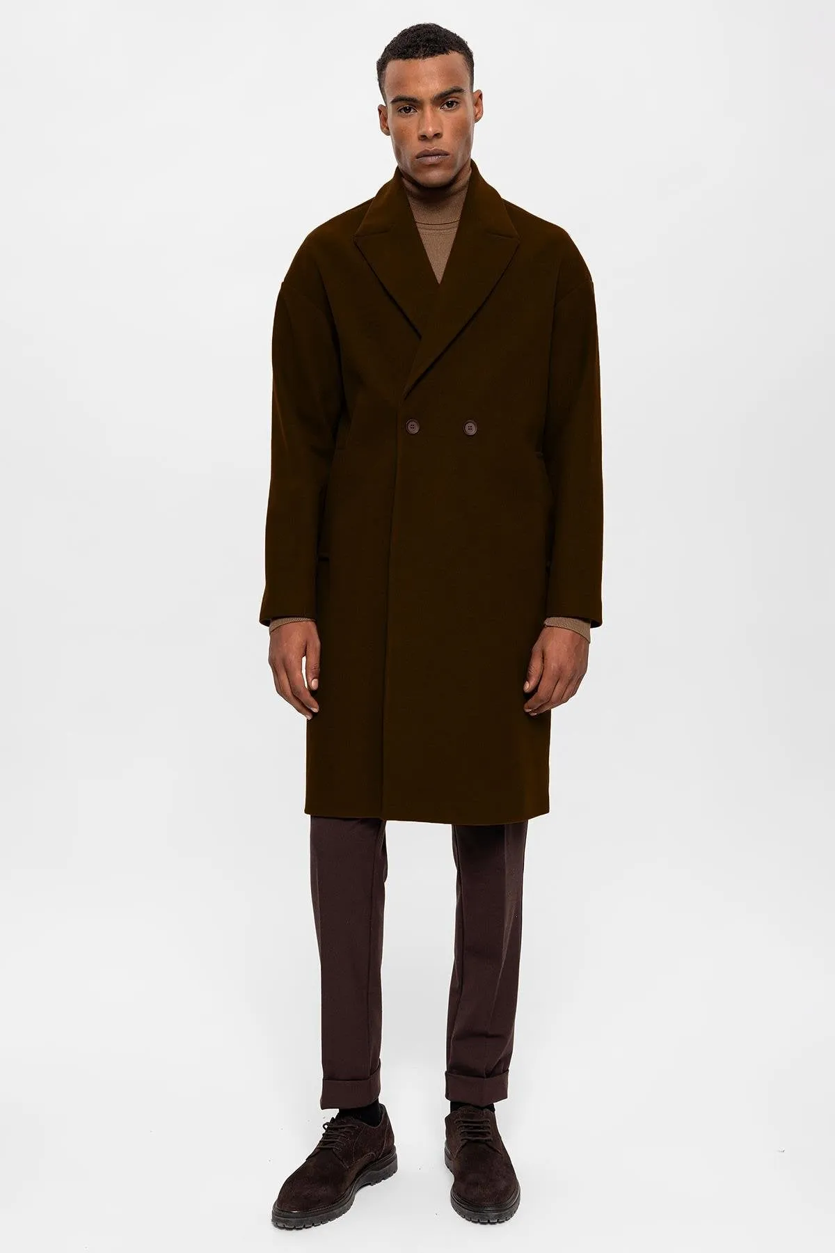 Dark Brown Oversized Double-Breasted Men's Coat  - Wessi