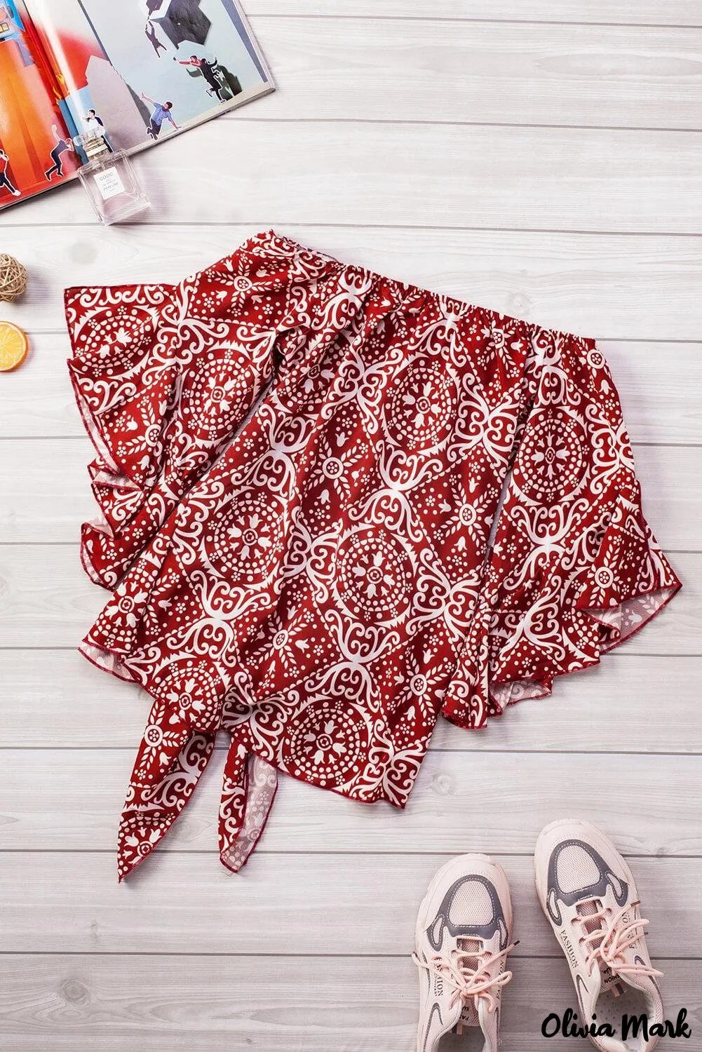 Deanwangkt - Bohemian red blouse with floral print and bare shoulders