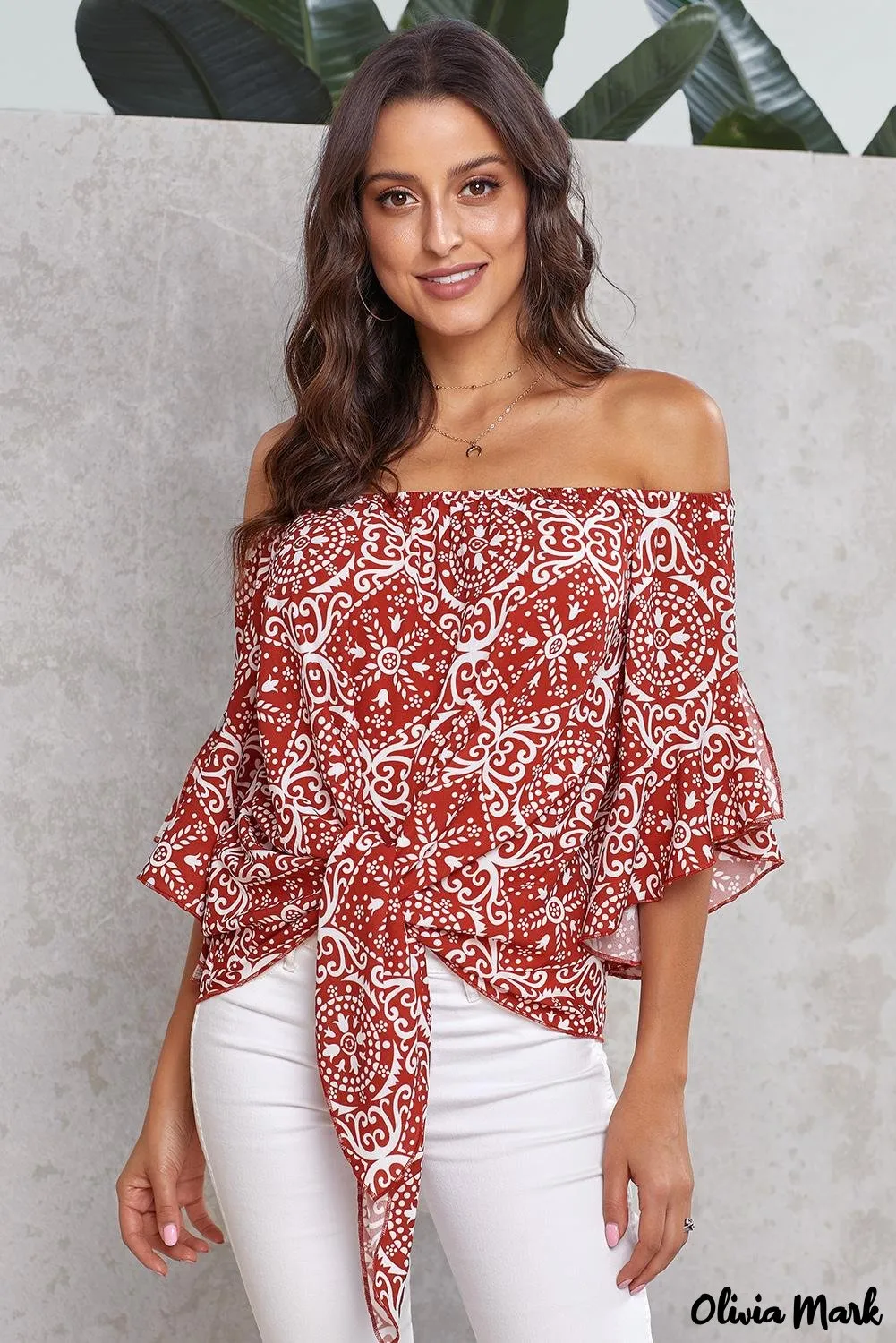 Deanwangkt - Bohemian red blouse with floral print and bare shoulders