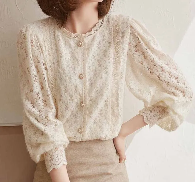 deanwangkt Crochet Lace Women Shirt Fashion Vintage Flowers Button Shirts Elegant Casual Loose Puff Long Sleeve Blouses Tops Blusas