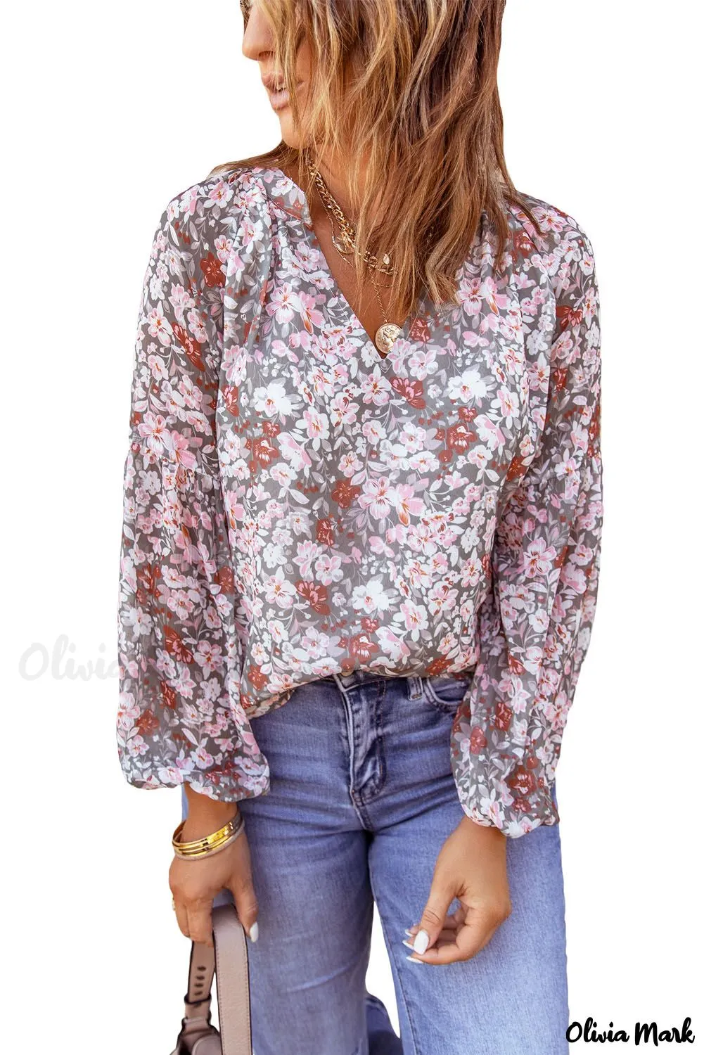 Deanwangkt - Multicolor Floral Print V-Neck Long Puff Sleeve Blouse