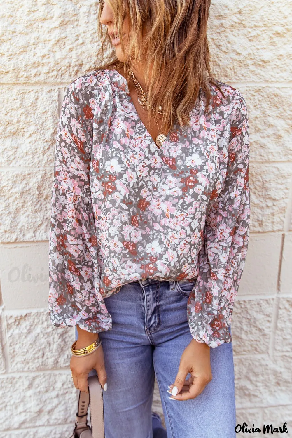 Deanwangkt - Multicolor Floral Print V-Neck Long Puff Sleeve Blouse