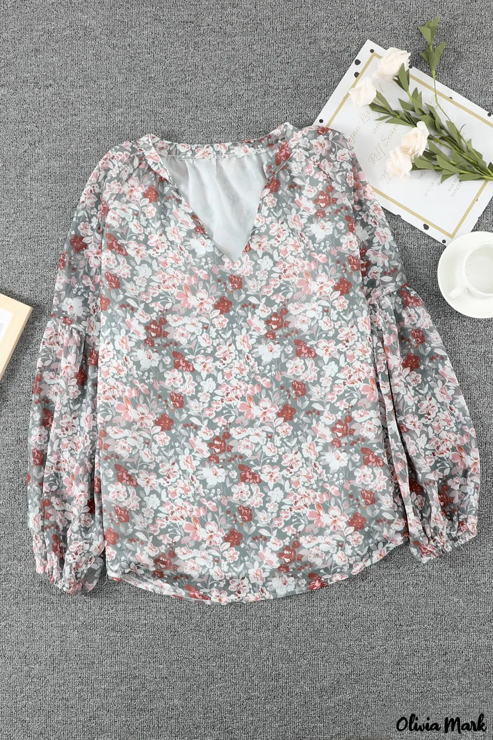 Deanwangkt - Multicolor Floral Print V-Neck Long Puff Sleeve Blouse