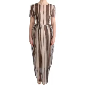 Dolce & Gabbana Beige Brown Striped Silk Sheath Dress