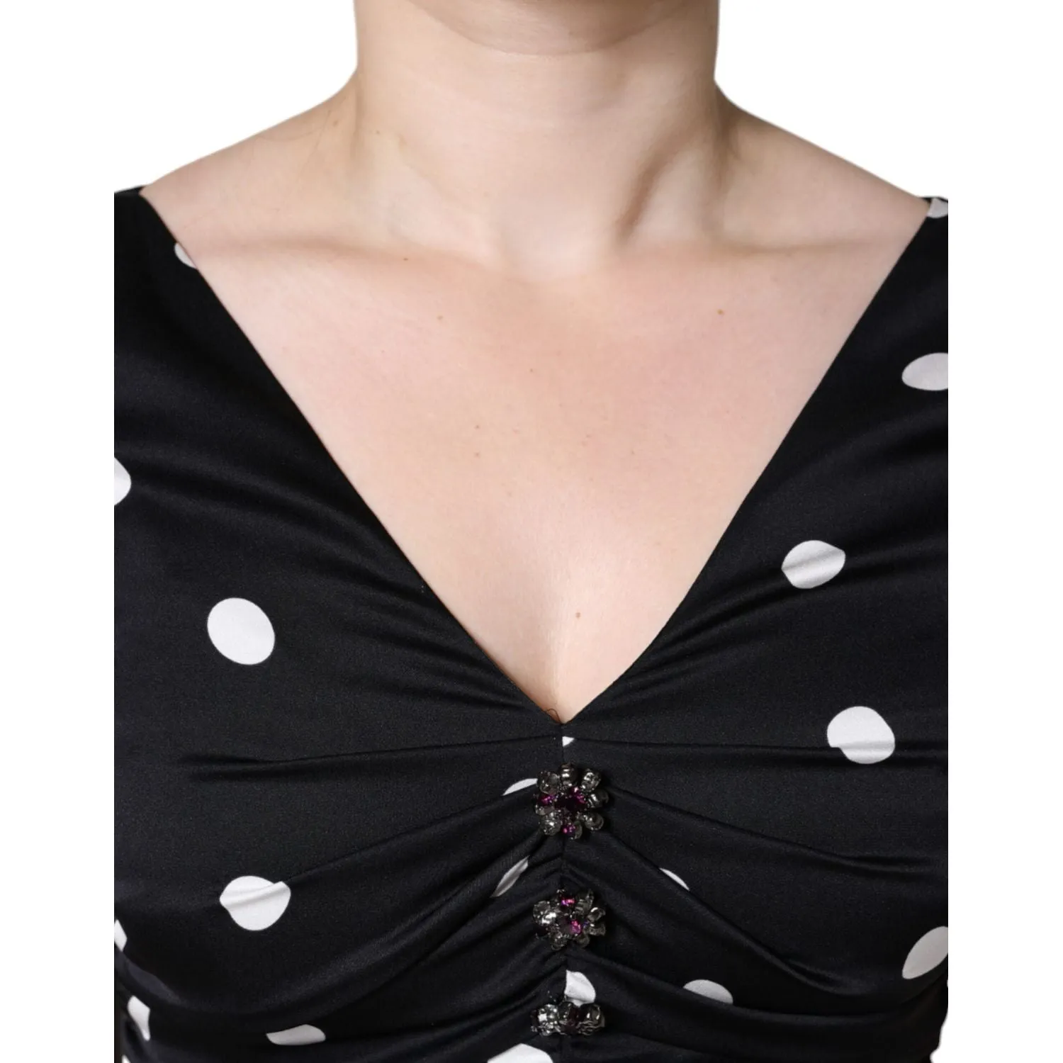 Dolce & Gabbana Black Silk Polka Dot Vneck Tassel Midi Dress