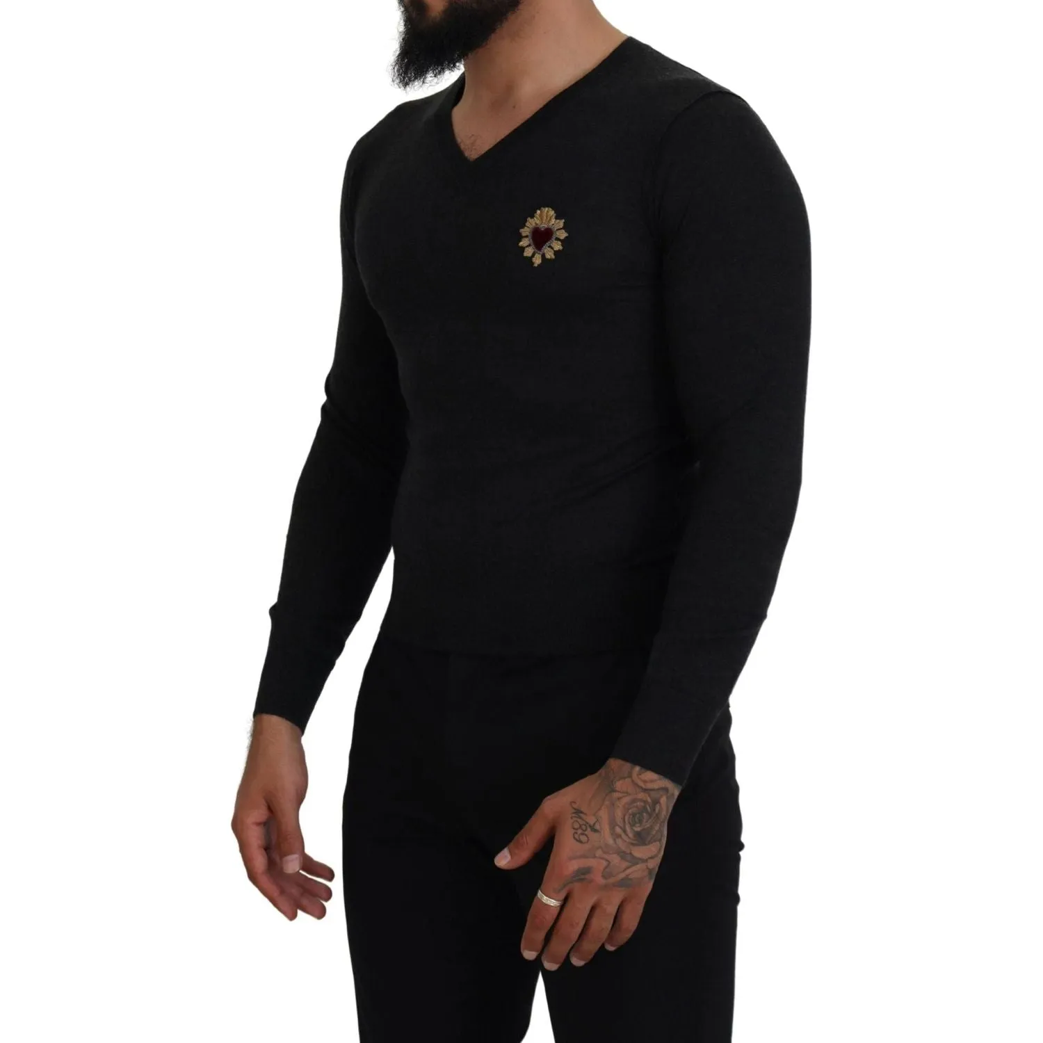 Dolce & Gabbana V-Neck Cashmere Sweater with Heart Embroidery