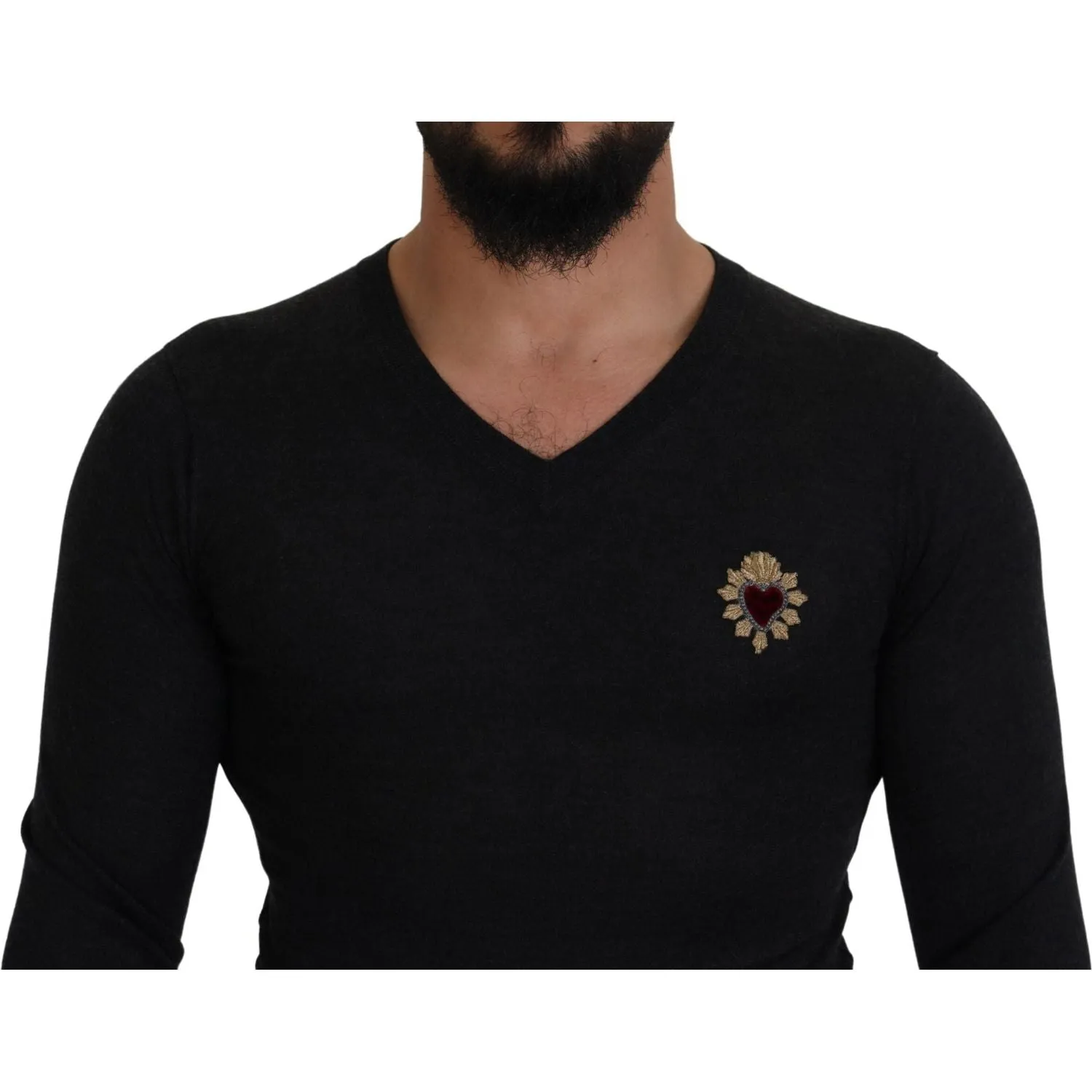 Dolce & Gabbana V-Neck Cashmere Sweater with Heart Embroidery