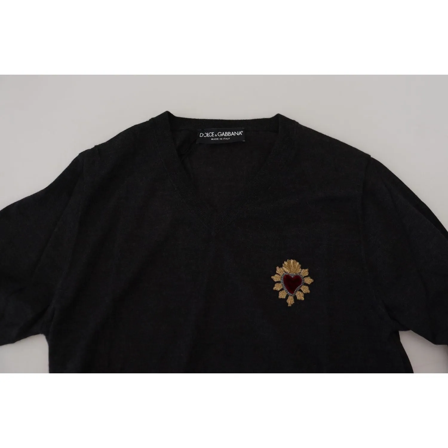 Dolce & Gabbana V-Neck Cashmere Sweater with Heart Embroidery