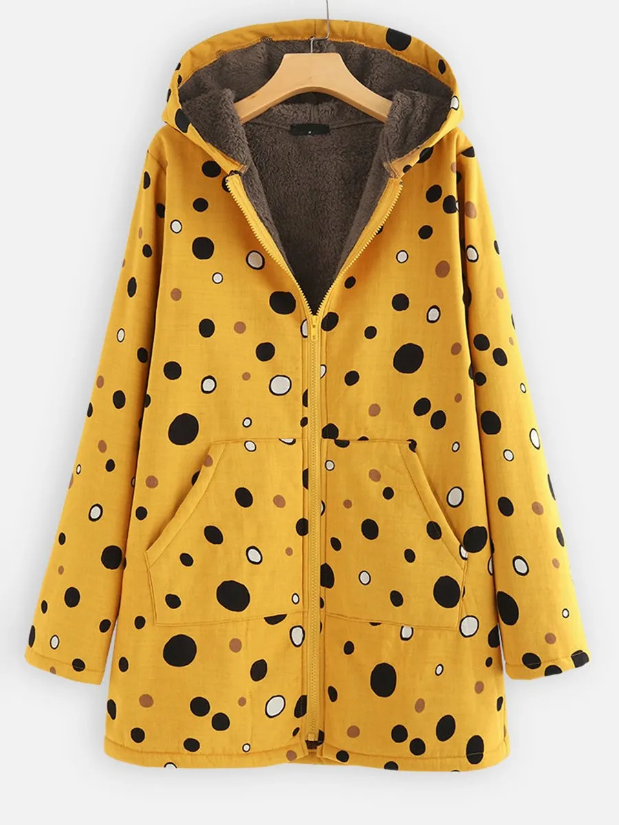 Dotted Hooded Zipper In Long Flannel Ladies Coat